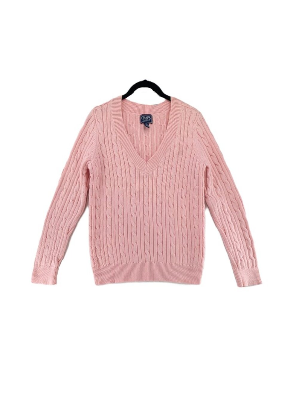 Chaps Cable Knit Sweater Womens Size Large Preppy Baby Pink 100% Cotton V-neck